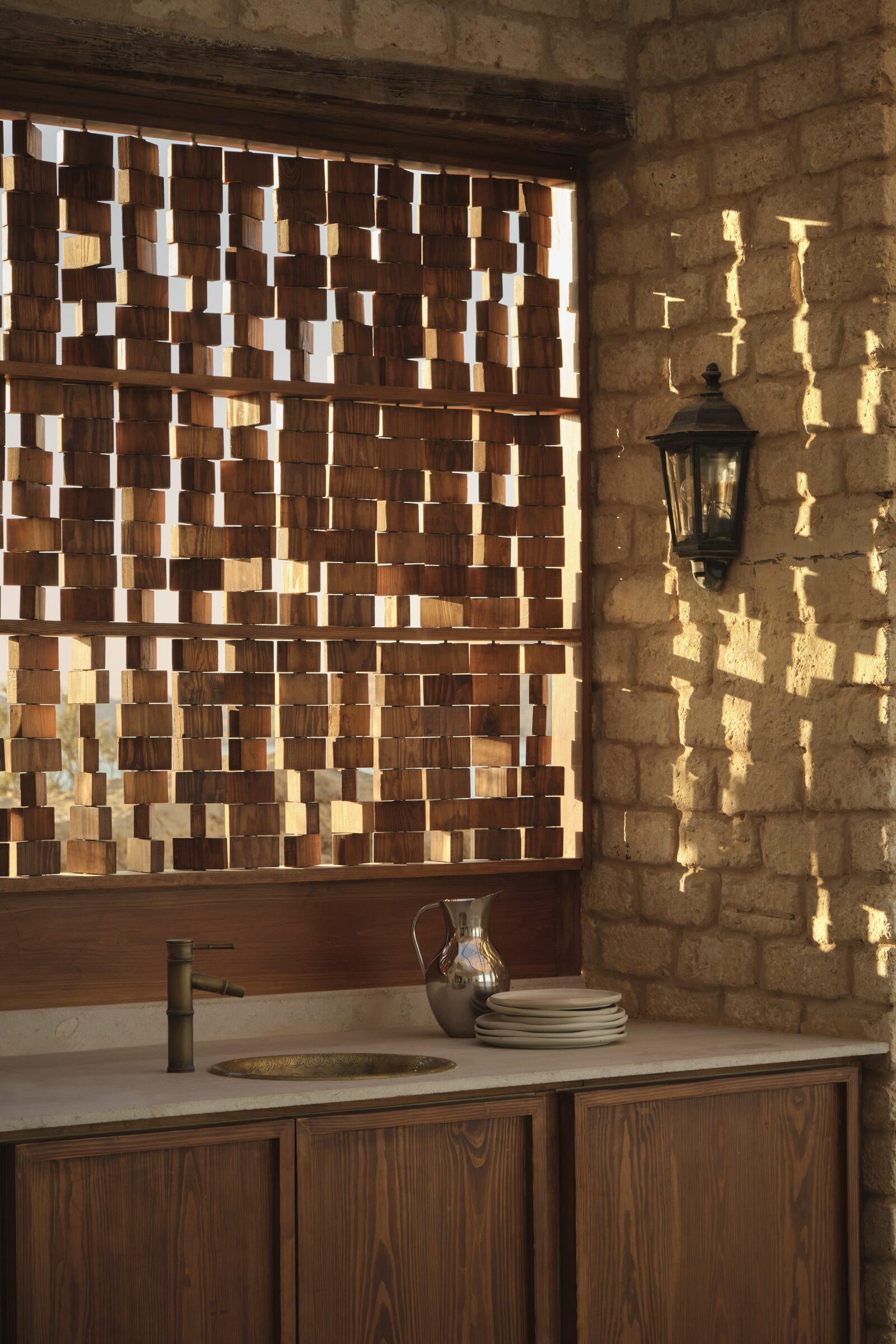 Hand-fitted acacia kitchen screen