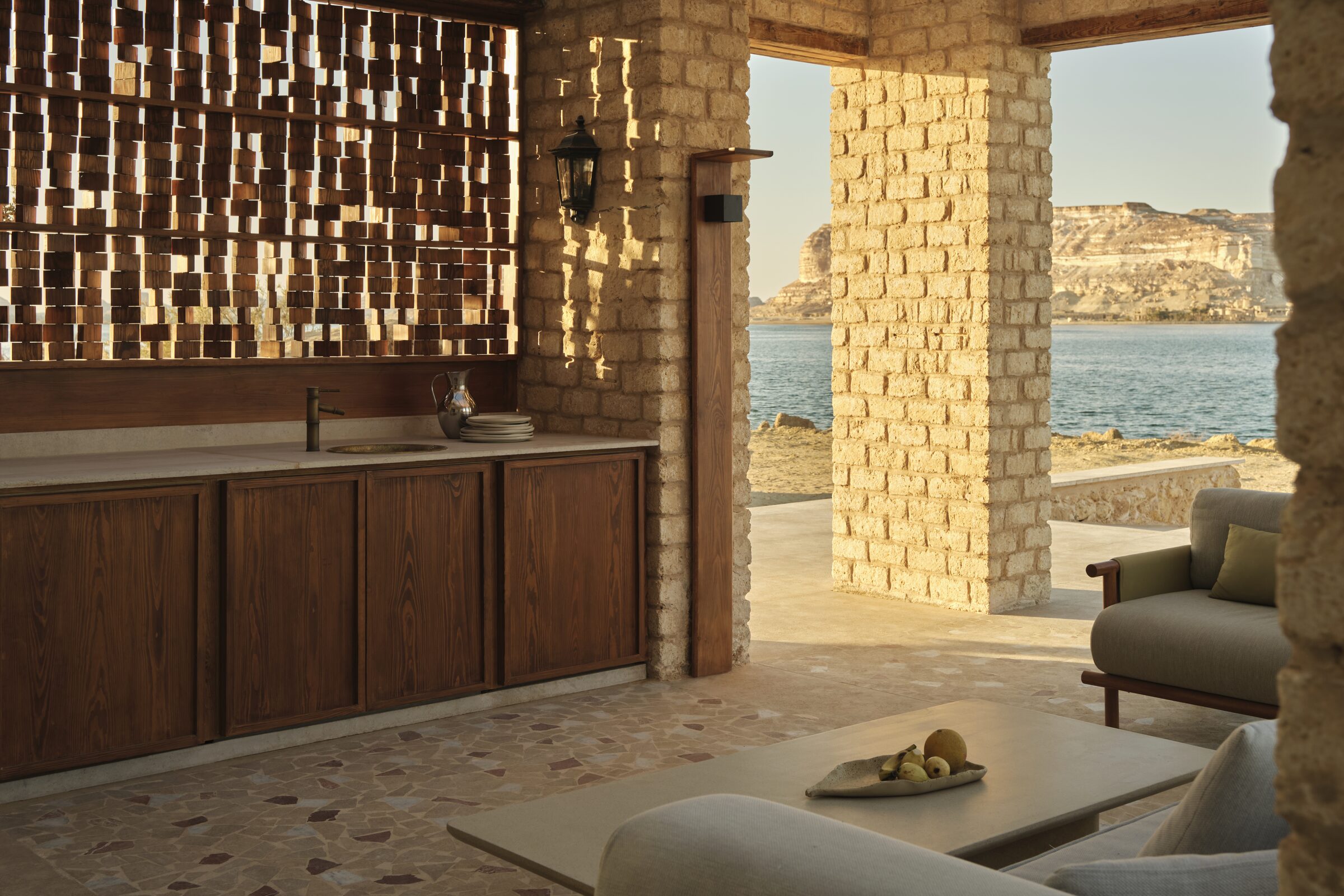 Kitchen with wooden mosaic window